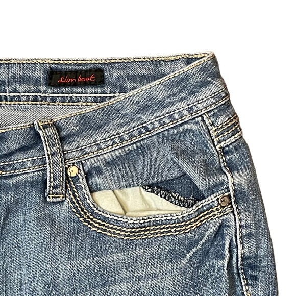 Earl Jeans Slim Boot  Mid-Rise Light Wash Denim Women Size 32 Stich Flap Pockets - Picture 6 of 8